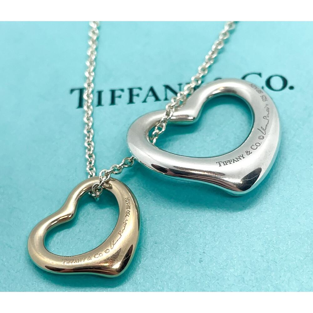 LARGE Tiffany & Co Elsa Peretti Double Open Heart Pendant Necklace 18k & Silver - Picture 5 of 13